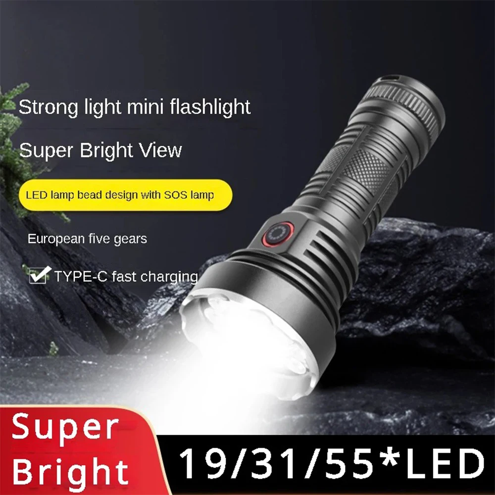 High Power Flashlight 55 LED Powerful Lantern USB Rechargeable Strong Light Torch Waterproof Self-defense Lamp Camping Outdoor