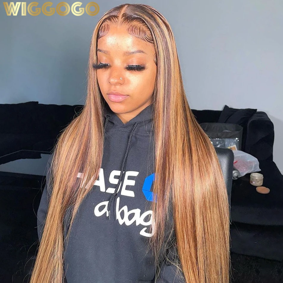 Wiggogo Highlight Wig Human Hair 13X6 Hd Lace Frontal Wig Straight Lace Front Wigs Human Hair Ombre 4/27 Color 13X4 Hd Lace Wigs