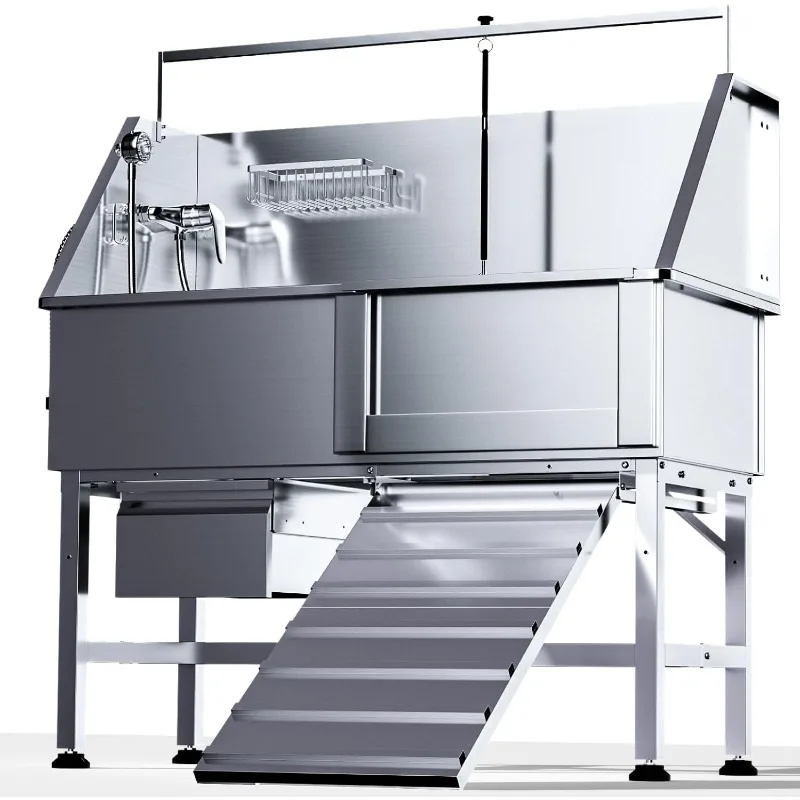 

46" Dog Washing Station，Professional Stainless Steel Dog Bathing Station,Dog Grooming Tub with Storage Drawer,Floor Grate，Dog Ba