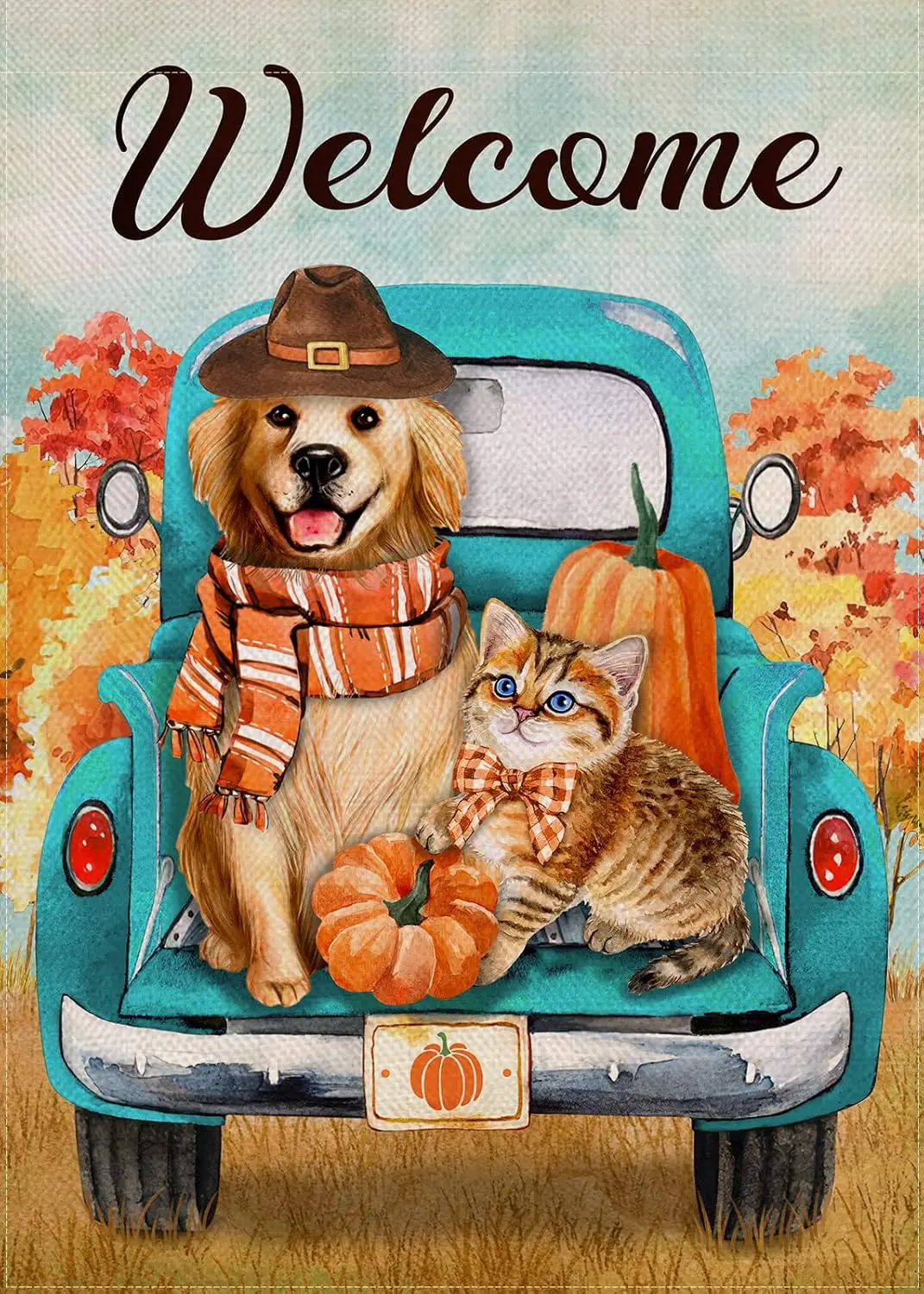 Selmad Welcome Fall Dog Cat Decorative Garden Flag, Autumn Truck Golden Retriever Puppy Kitty Kitten Home Yard Outdoor Decor, Th