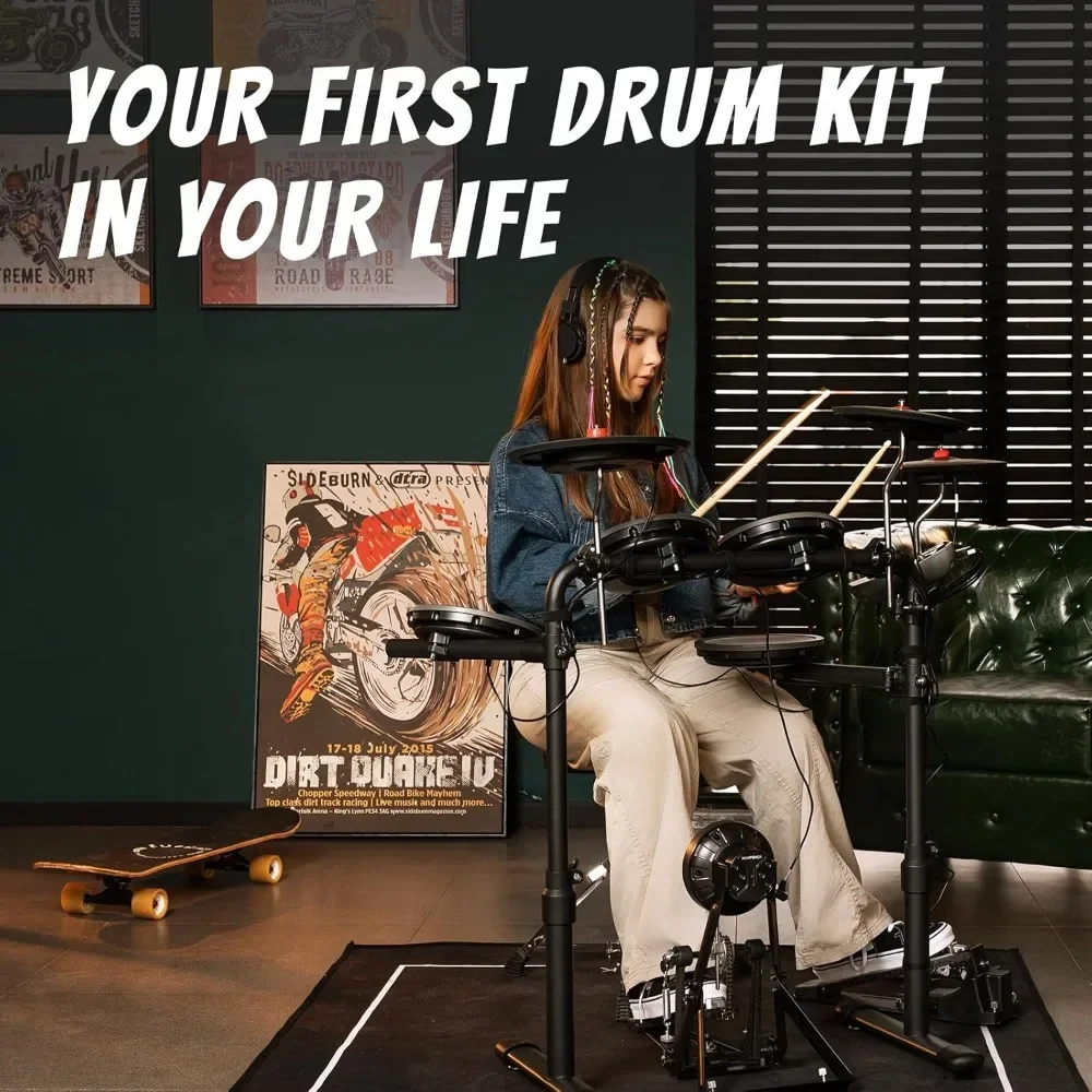 

Electric drum kit with 4 fairly mesh drum pads, 3 full rubber bumps, 12 kits and 68 real sounds, USB MIDI, throne, joystick