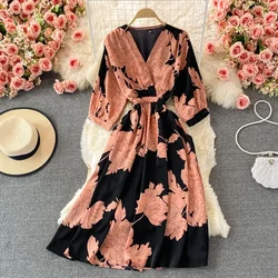Summer V-neck Floral Long Dress Women Elegant Ruffle Sleeve Elastic Waist Chiffon Midi Dress Korean Style Vintage Party Vestidos