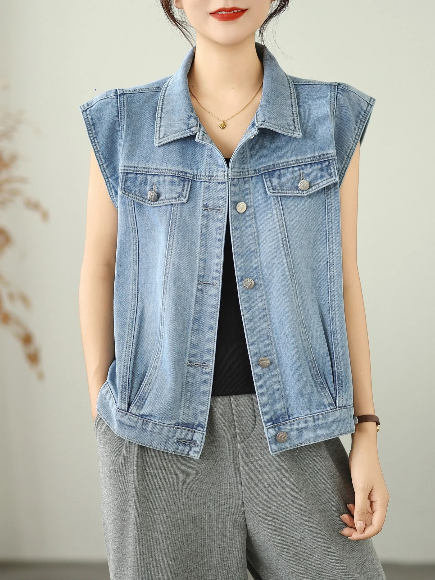 

Retro Denim Vest Women's Spring New Sle Layering Svel Top ort Jaet Collar Regular Length Medium Warmth