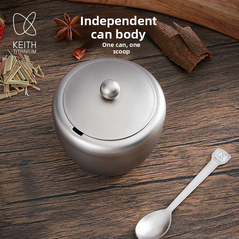 KEITH Ultralight  Titanium Spice Jar 220ml Portable Condiment Can with Lid & Spoon Household Kitchen Seasoning Storage Container