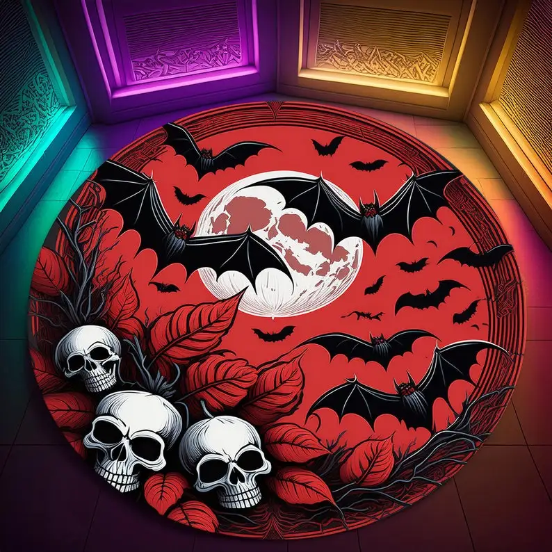

Gothic Halloween Rug - Round Bat & Moon Design | Witchy Vampire Decor for Bedroom/Altar
