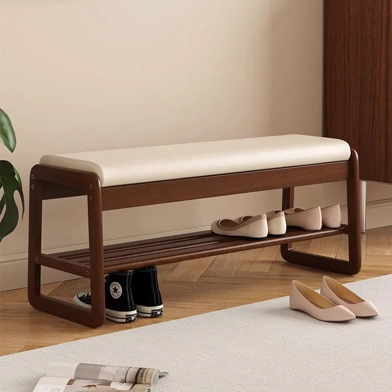 Solid Wood Entryway Shoe Bench with Soft Cushion Integrated Storage Rack for Hallway Foyer Home Organization