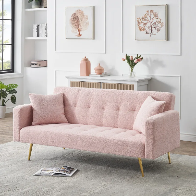 Sofa Bed Bulu Teddy Pink 71,7 Inci Dilengkapi Dua Bantal Lempar Gratis Furnitur Multifungsi Ruang Tamu Rumah yang Nyaman