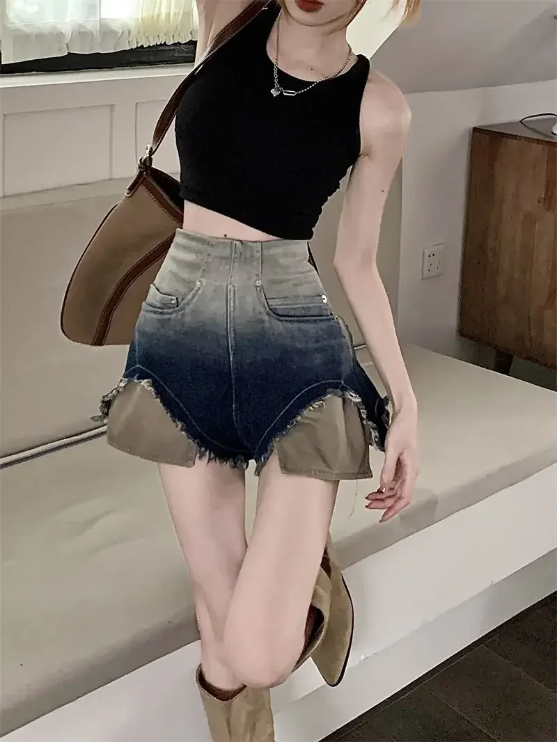 

High Waist Gradient Color Short Jean Pants Woman Designer 2000s Clothes Y2k Summer Stretchy New In Hot XL Denim Shorts for Women