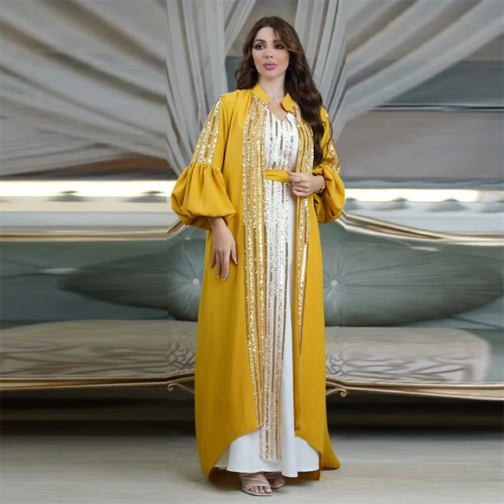 Saudi Arab Party Dress Women Muslim Abaya Caftan 2 Piece Set Sequins Musulman Vestidos Robe Abayas Eid Mubarak Jalabiya Kimono