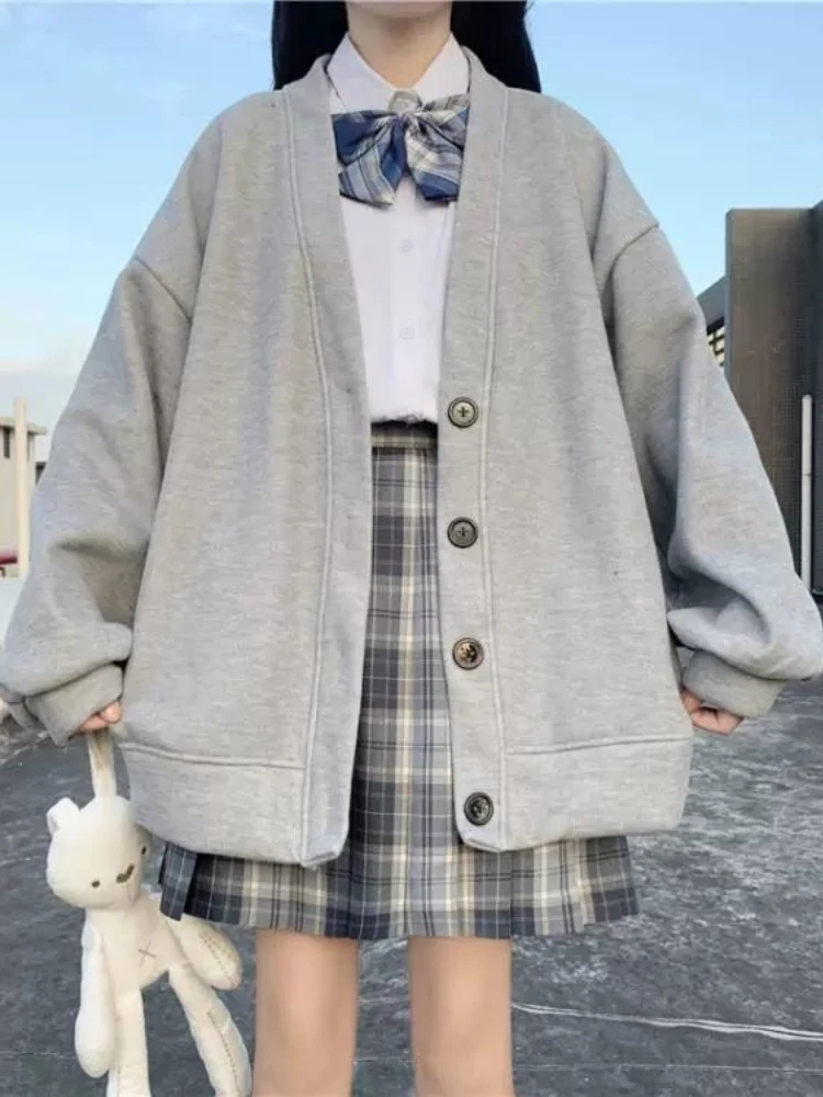 Deeptown Preppy Style Gray Cardigan Hoodies Women Harajuku Kawaii Oversized Loose Sweatshirts Black All-match Tops Japan Sweet