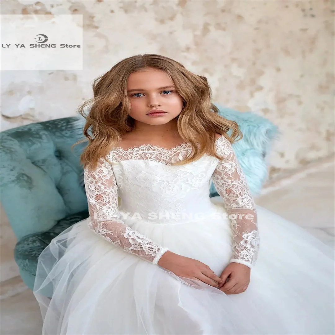 Full Sleeves Flower Girl Dress Bohemian Tulle Ivory White Lace Bow Girls First Communion Gown Junior Bridesmaid Dress