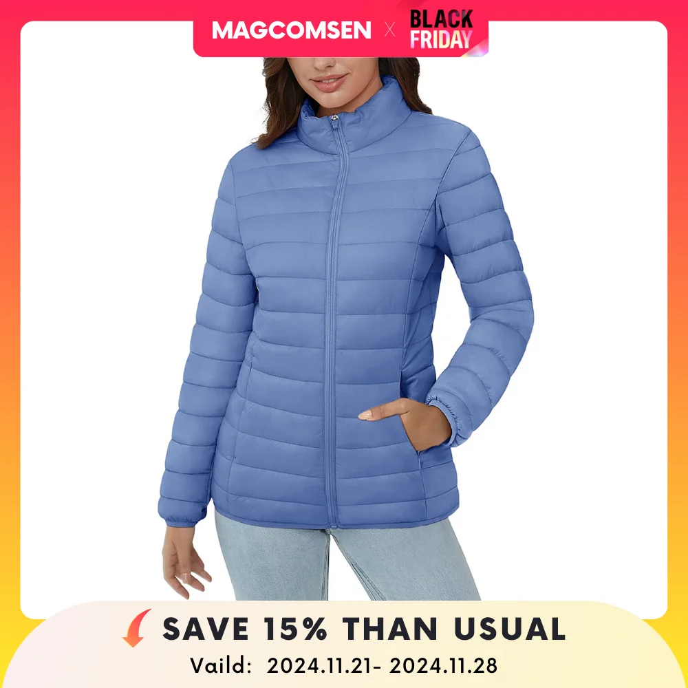 MAGCOMSEN Puffer Jackets Women's Lightweight Quilted Padded 3 Pockets Zip-up Stand-collar Winter Alternative Down Coats