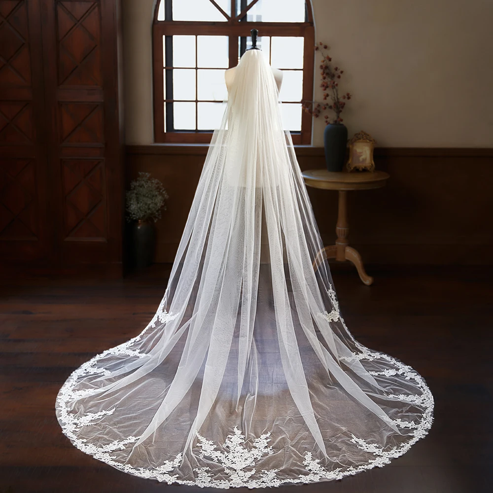 高級レースアップリケブライダルベール、コーム付き、大聖堂の長さ118インチのロングウェディングベール、女性用結婚アクセサリー