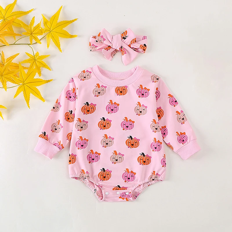 

Cute Baby Girl Halloween Bodysuits Outfit Bow Pumpkin Print Long Sleeve Sweatshirt Romper Tie Headband 2 Piece Set Fall Clothes