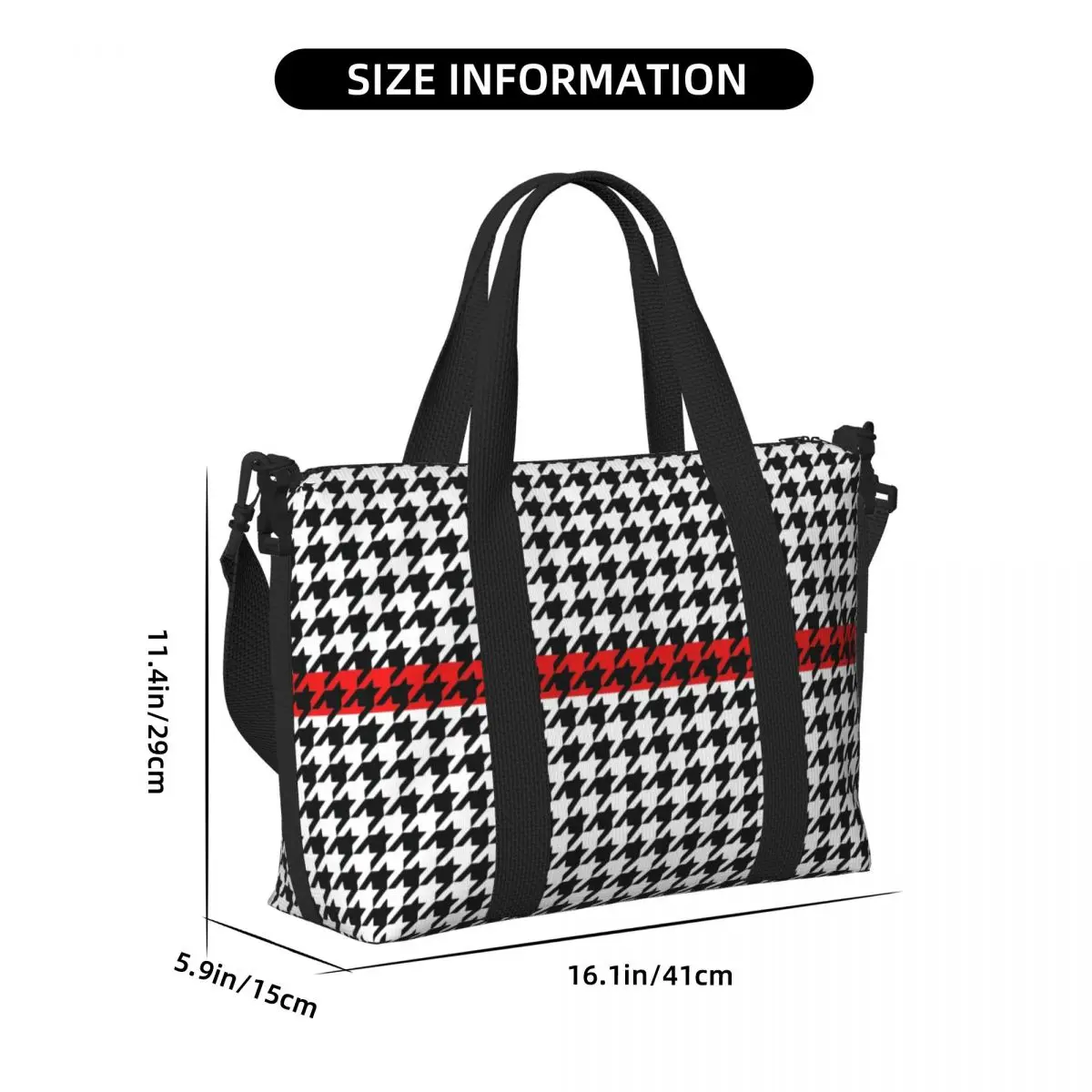 Personalizado moderno houndstooth com listra vermelha sacola de compras de mercearia feminina grande capacidade dogstooth ginásio praia sacos de viagem