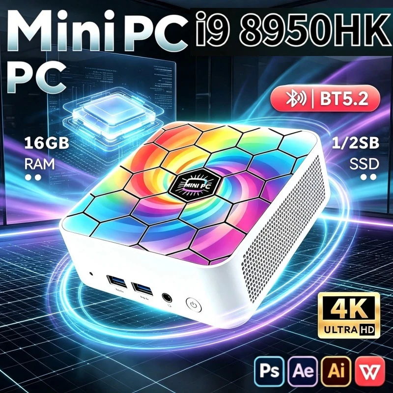 Slim Mini-Form-Factor Core i9-8950HK PC, 16GB RAM, 1/2TB SSD, WiFi6, BT5.2, for Household and Professional Office, Solid.