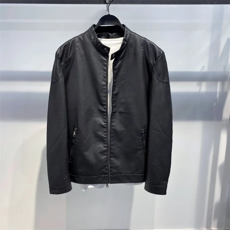 

Slim Fit Casual PU Leather Jaet Korean Sle Busin irt Collar Motorcycle Workwear Outerwear for Young Men