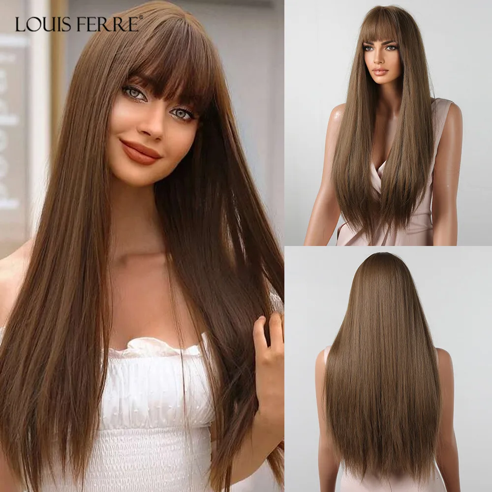 

LOUIS FERRE Brown Straight Synthetic Wigs With Bangs Long Brown Wig for Women Natural Looking Daily Cosplay Heat Resistant Fiber