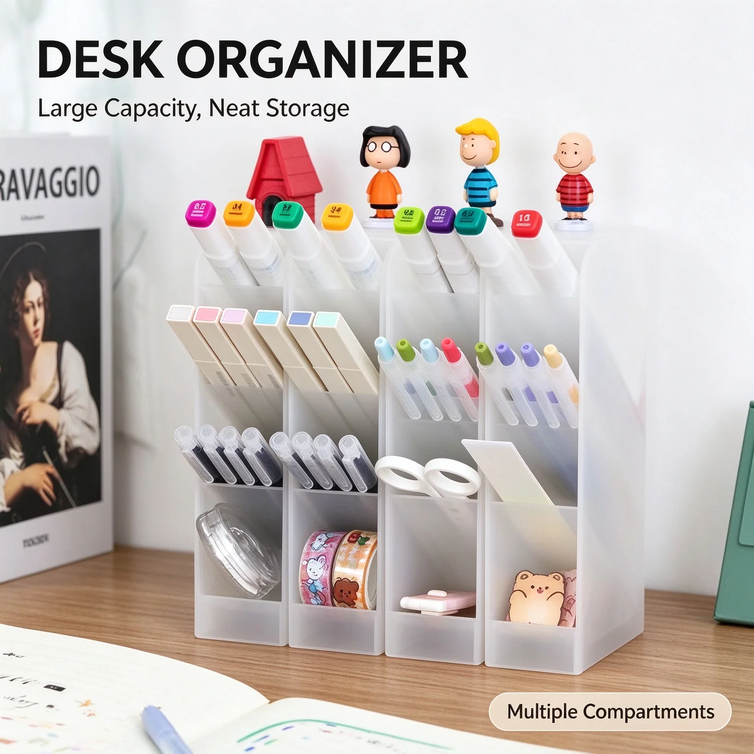 Slant Insert Pen Holder, Multifunctional Plastic Office Storage Desktop Organizer, Rectangular Standable Pen Holder