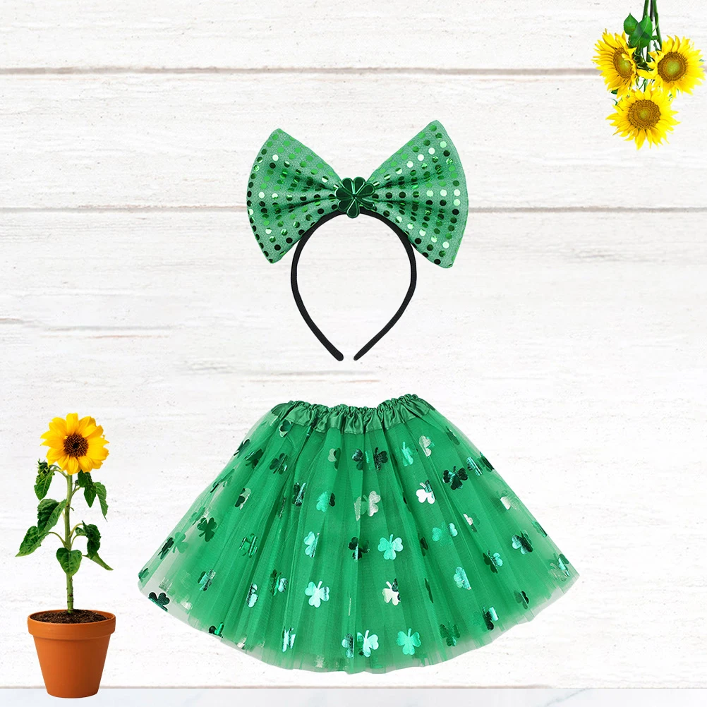 

1pc St Patrick'S Day 3 Layer Dress Green Clover Festival Party Costume Elastic Waist Sequin Bowknot Headband Saint Patrick Day