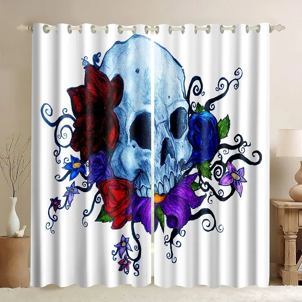 Skulls Flowers Floral Blackout Curtains Halloween Red Rose Sugar Skull Skeleton All Saints Day Symbolic Art Window Curtains