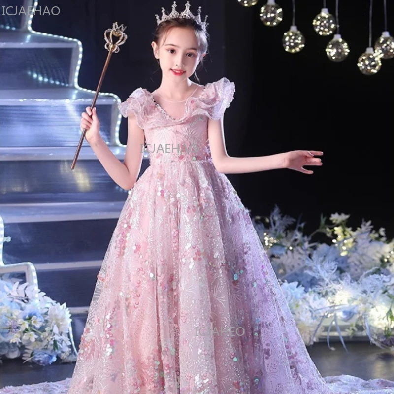 Pink Elegant Girls Princess Gown with Train Girl Host Formal Party Celebration Dresses Eid Kids Clothing Evening Dress Little