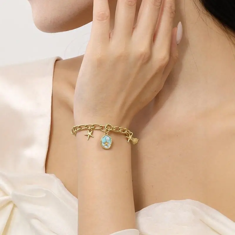 Ocean Style Starfish Pearl Pendant Bracelet for Women Stainless Steel Waterproof Jewelry for Swimming Beach Trip Wear