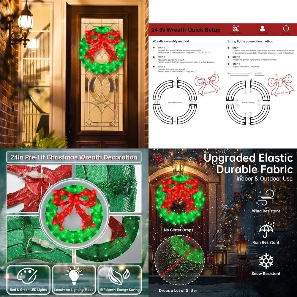 

24 светодиодных рождественских венок с красным бантом, яркие декоративные светильники для наружных стен и дверей
