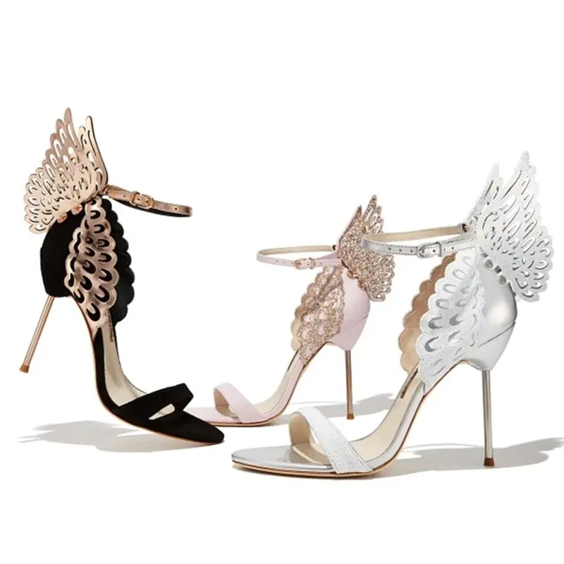 

Glitter Crystal Drilled Carved Butterfly Decor Sandals Stiletto High Heels Summer Ankle Strap Wing back Runway Banquet Shoes