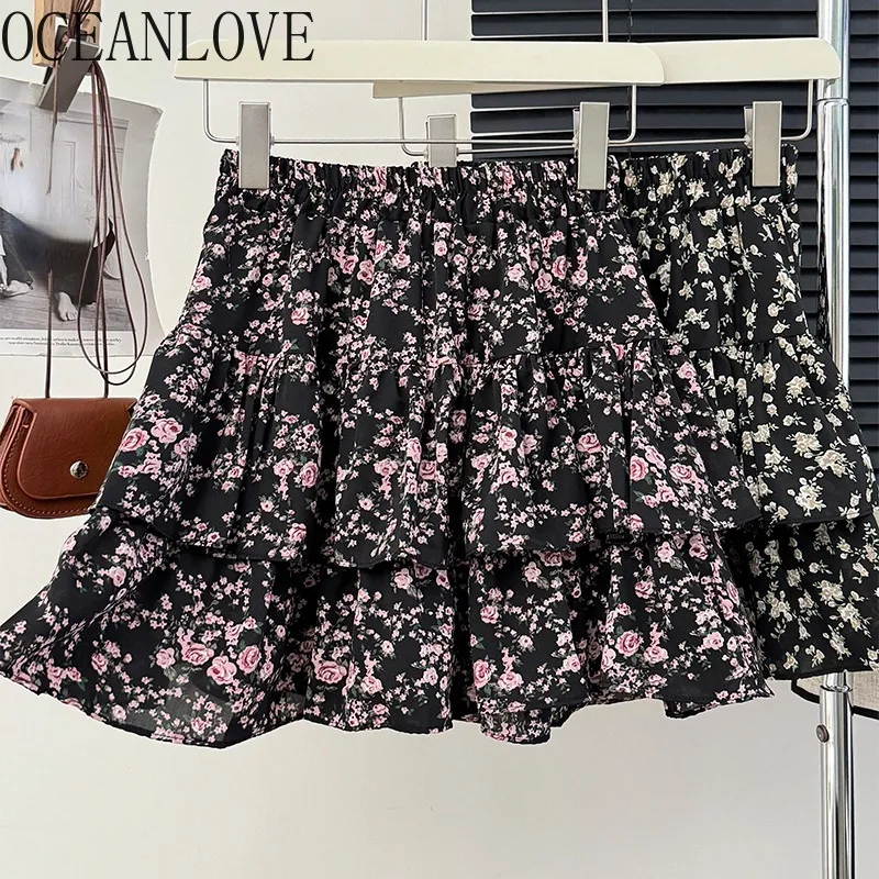 

OCEANLOVE Floral Chiffon Skirts for Women A-line Sweet Spring Summer Korean Fashion Faldas Mujer High Waist Ruffles Mini Skirt