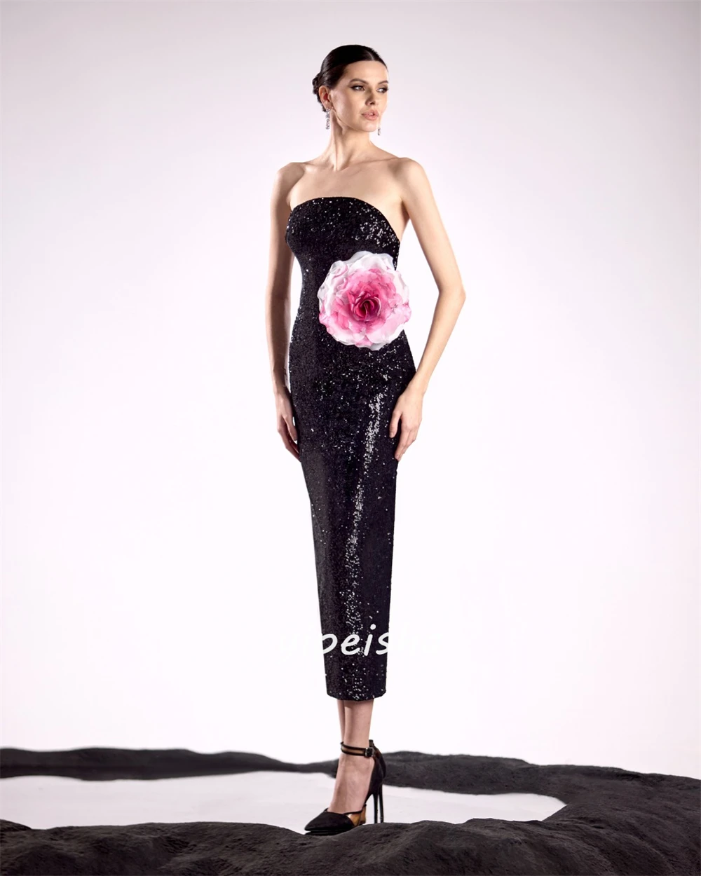 Customized  Evening Sequin Handmade Flower Cocktail Party A-line Strapless Bespoke Occasion Gown Midi Dresses