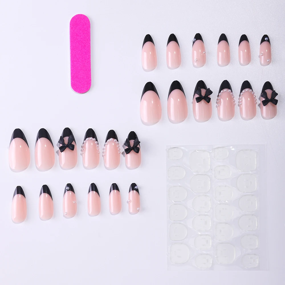 24pcs press on nails short almond bowknot white press on nails white pearl sweet french tip press on nails cute nails cheap nail