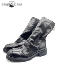 Back zipper Design Men Genuine Leather Short Boots Punk Vintage Casual Platform High Top Shoes Handmade Gothic Motorcycle Boots