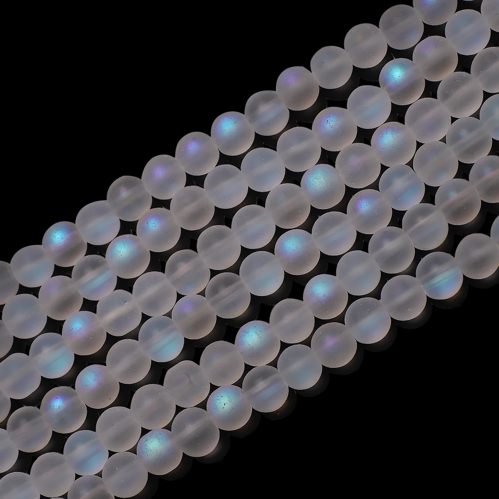About 50pcs Matte White Aurora Crystal Glass Beads 8MM Frosted Glitter Shining Mermaid Round Loose Beads Rainbow Holographic image 2