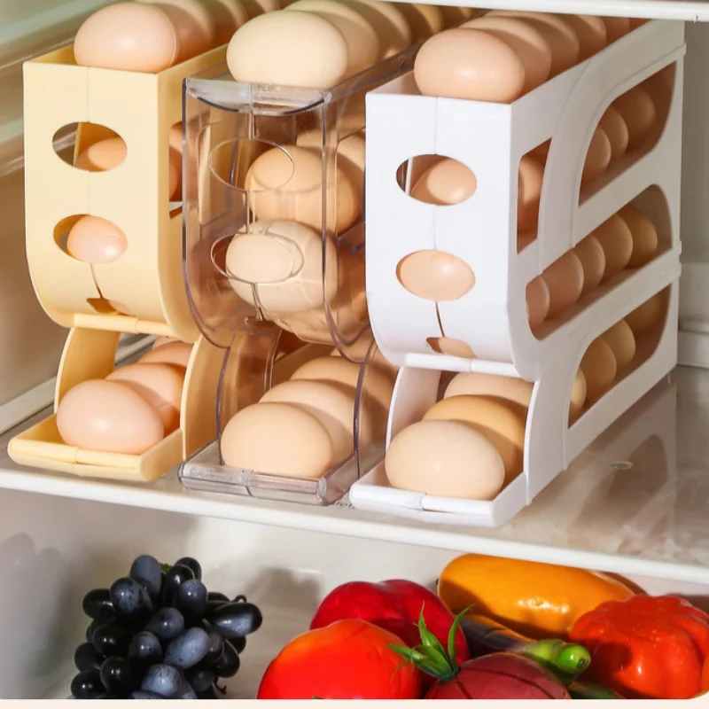 1pcs Slide Egg Storage Box Dispenser Kitchen Automatic Refrigerator Rolling Egg Rack Durable Shatterproof Household Supplies