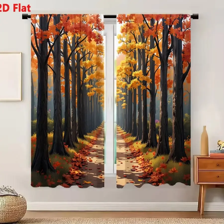 Vibrant Autumn Forest Scene Curtain Pair for Living Room Home Decor Sunlight Through Trees Window Treatment