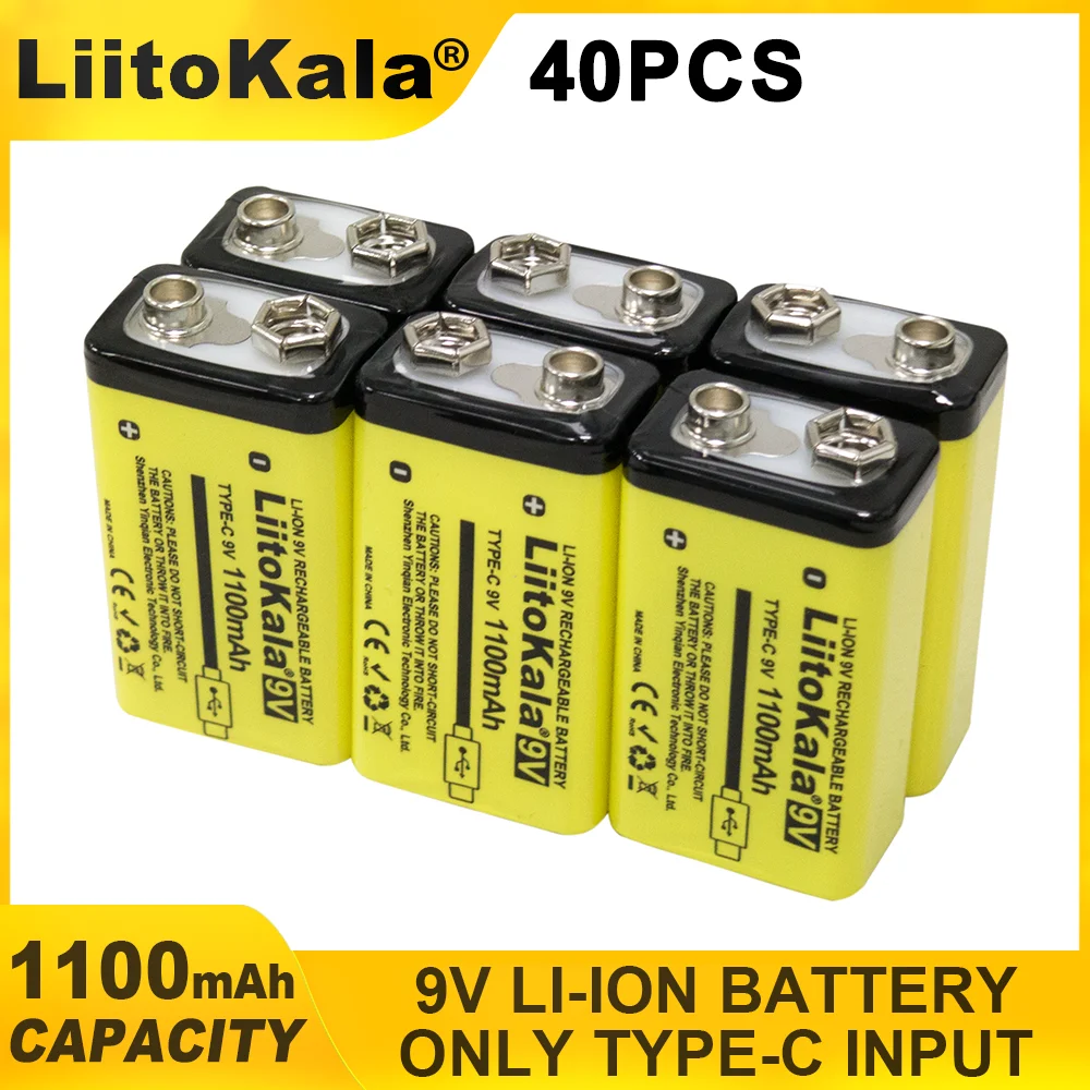 40PCS LiitoKala 9V 1100mAh Lithium Rechargeable Battery USB Charging 9V Li-ion Square Batteries For Walkie-talkie KTV-Microphone