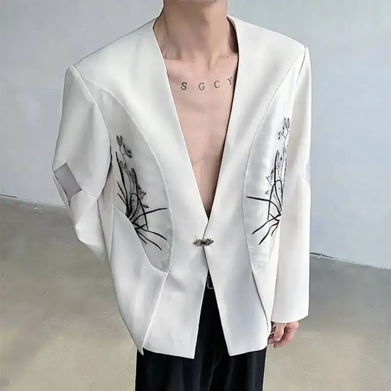 Male Suit Coat New Chinese Orchid Embroidery Decoration Single Breasted Trendy Handsome Men's Casual Clothing 9W8I93