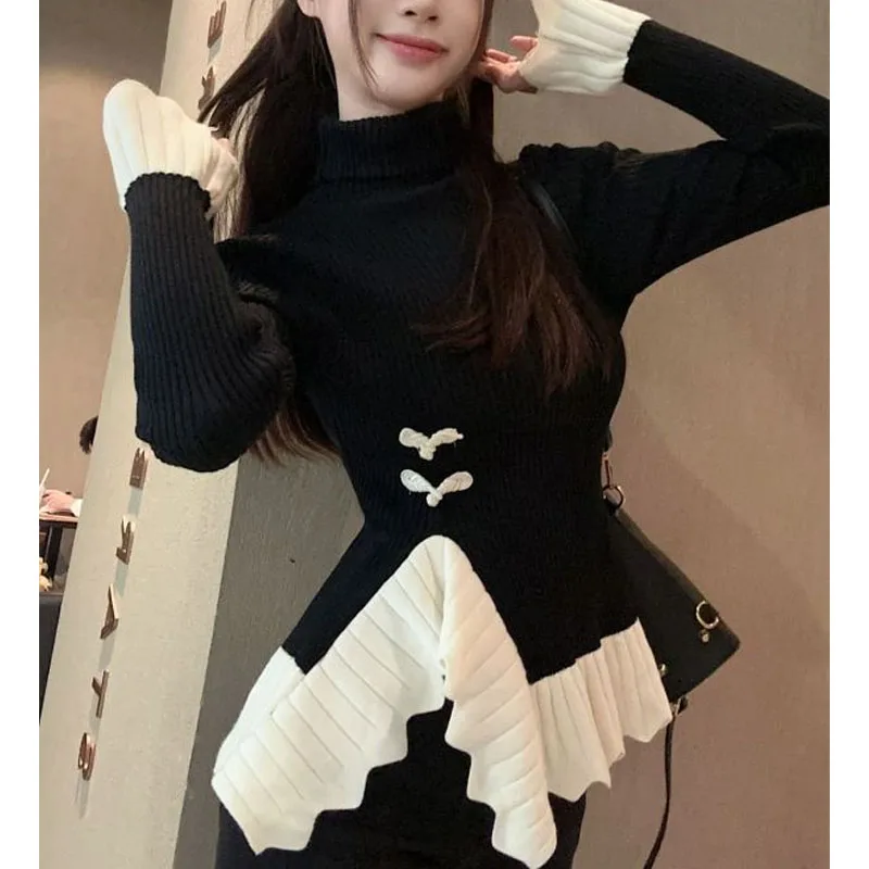 Women\'s Autumn Winter New High Necked Ruffle Edge Patchwork Knit Bottom Sweater Fashion Slim Chic Commuter Long Sleeve Tops