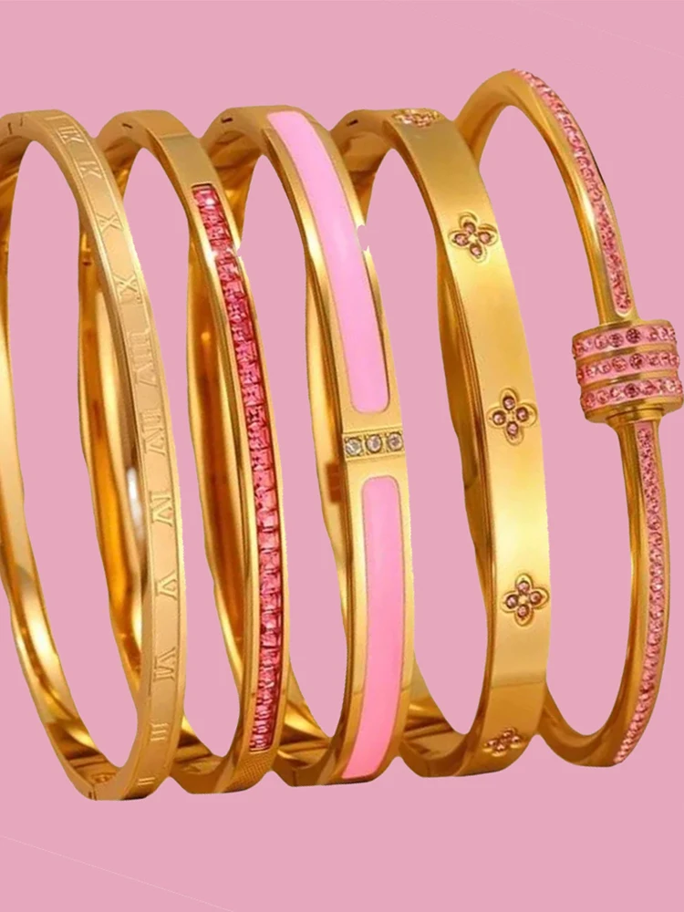 ZAKOL Nieuwe Buling Roze Kristal Zirconia Roestvrij Stalen Armband voor Vrouwen Veelzijdige Stapelbare Sieraden Waterdichte Bangle Gift - afbeelding 2