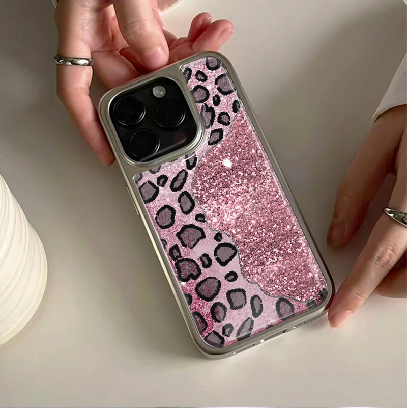 Glänzende rosa Leopardenmuster Silberkanten-Epoxid-Handyhülle TPU Sturzsicher für iPhone XR/11/12/13/14/15/16/17 Pro Max