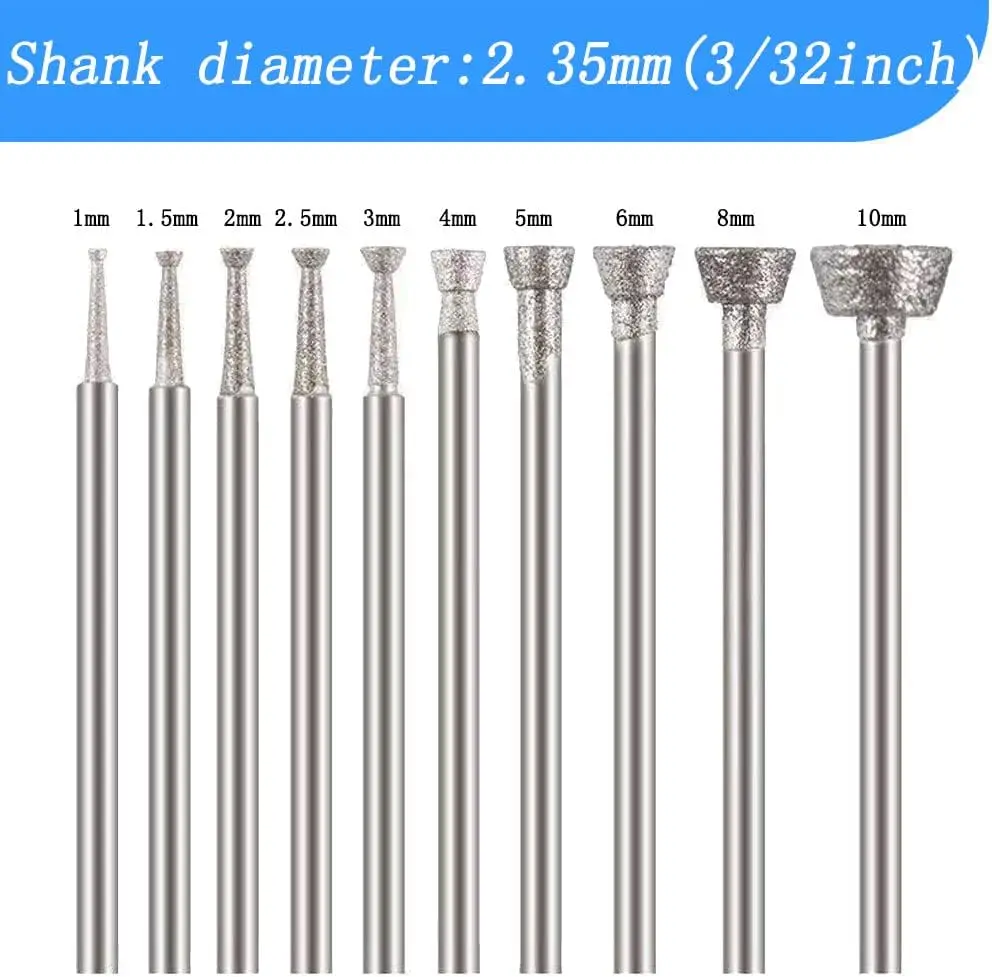 Inverted Trapezoid Shape Diamond Burr 2.35/3mm Shank Diamond Mounted Grinding Stone Carving for Rotary includes Dremel