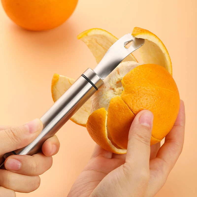 Pelador de frutas de acero inoxidable para el hogar, utensilios de cocina de mango largo, naranja, 1/2 piezas