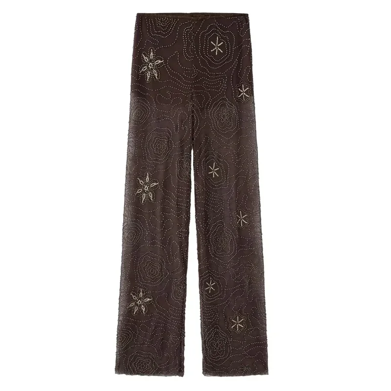 HXAO Tulle Women's Two Pieces Set Baggy Sequin Pants Sets Strapless Crop Top Beaded Long Pants 2 Piece Sets Semi Sheer Trousers