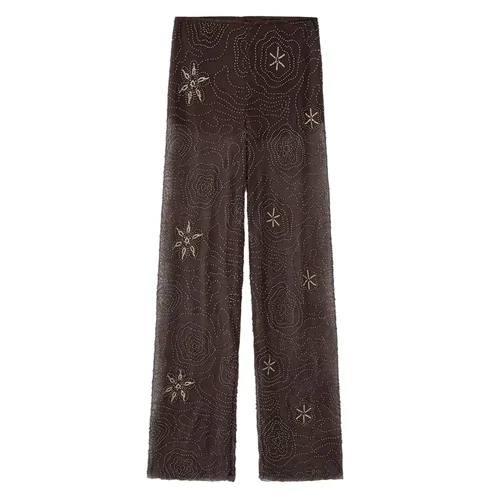 Imagen 2 del producto HXAO Conjunto de dos piezas de tul para mujer, pantalones holgados con lentejuelas, Top corto sin tirantes, pantalones largos con cuentas, conjuntos de 2 piezas, pantalones semitransparentes