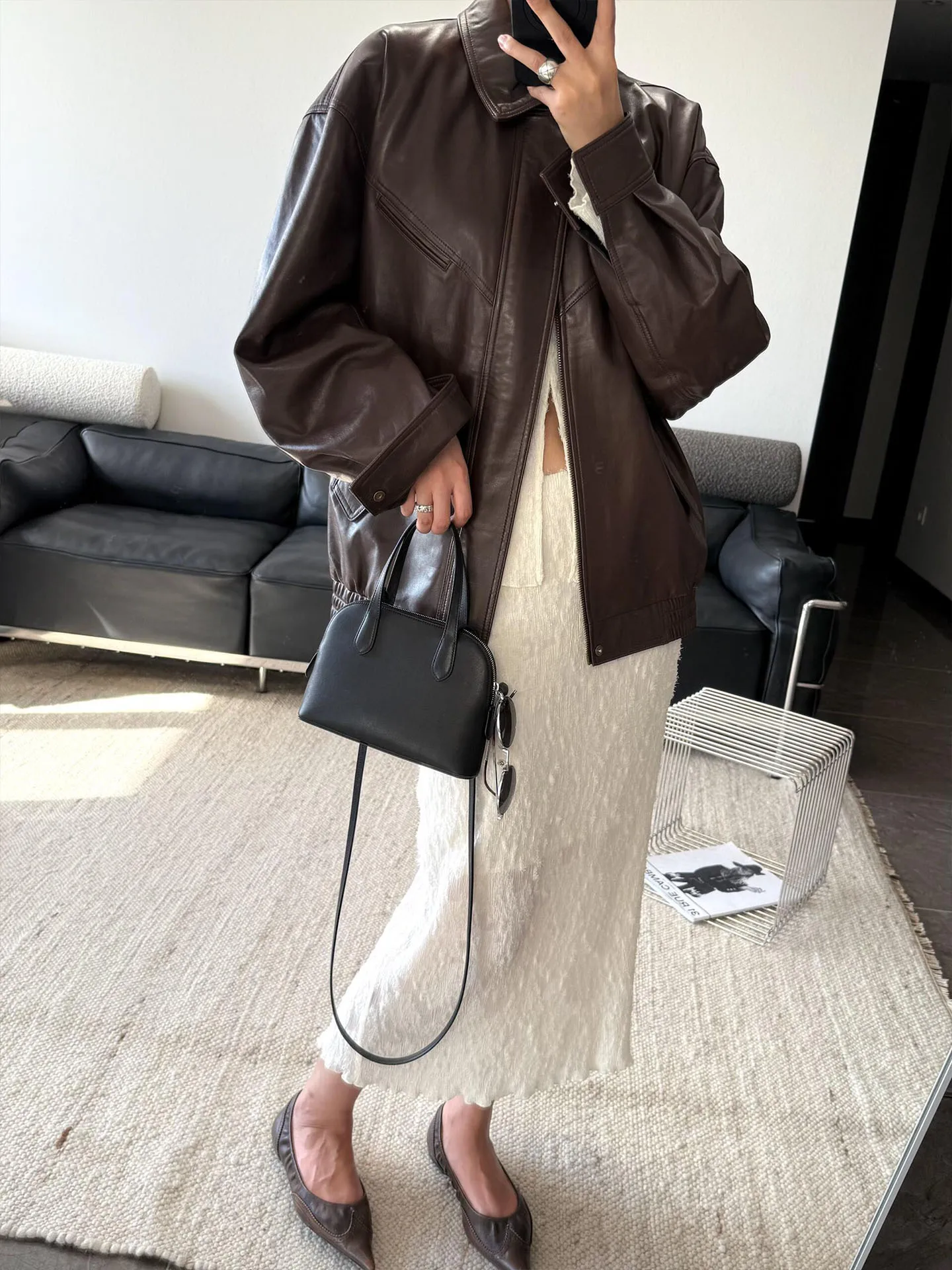 Giacca in Pelle Marrone Retrò da Donna, Vestibilità Ampia, Elegante e Versatile, Nuova Collezione Primavera 2026, Cappotto Corto