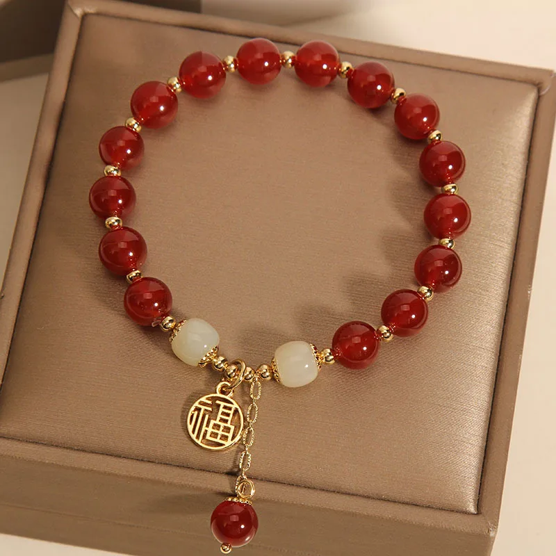 

INS Ethnic Style Red Agate Crystal Bracelet Single Loop Women's Fu Word White Jade Barrel Beads Bracelet Jewelry Wholesale