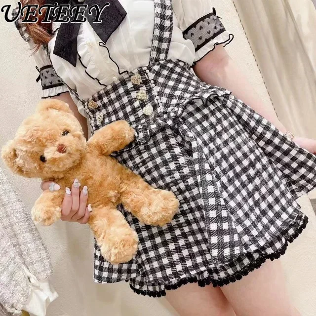 Japanese-Style Suspender Skirt Women Lolita Classic Double-Layer Houndstooth Printed Lace Beaded Bow Mine Mini Skirt Culottes