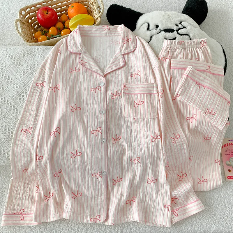 Damen Frühling Herbst Französischer Stil 2-teiliges Pyjama-Set Lässiger Stoff Gestreiftes Langarm-Set mit Schleife Loungewear Mädchen Schlafanzug