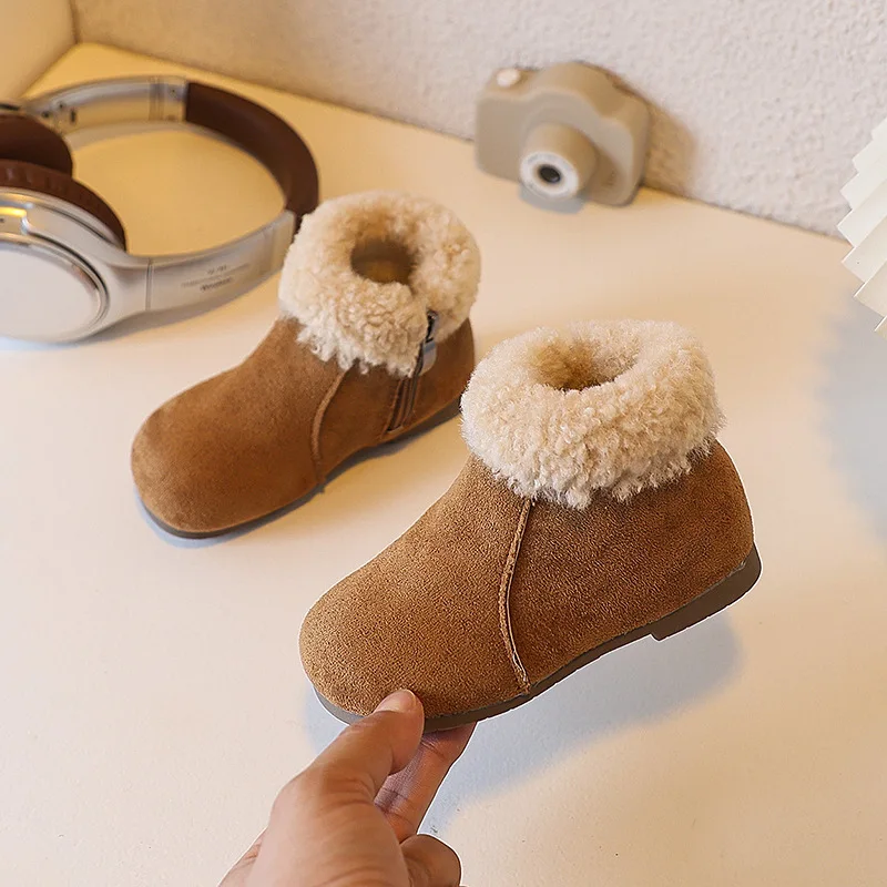 

New Toddlers Plush Boots Winter Warm Girls Ankle Boots Solid Color Retro Kids Causal Cotton Shoes Children's Short Boots Zipper